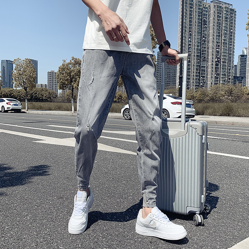 오보이 여름 얇은 밝은 컬러의 찢어진 청바지 남성 트렌디하고 핸섬한 슬림핏 레깅스 다재다능한 신축성 레깅스