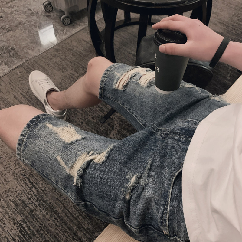 오보이 남성용 여름 찢어진 데님 반바지 캐주얼하고 활용도가 높은 루즈한 스트레이트 레그 5부 팬츠 잘생긴 신축성 있는 얇은 미드기장 팬츠