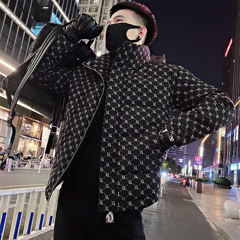 OBOY의 인기 겨울 스타일 남성용 풀 프린트 스탠드업 칼라 코튼 재킷 2024 트렌디 브랜드 슬림핏 코튼 재킷 트렌디하고 잘생긴 따뜻한 코튼 재킷