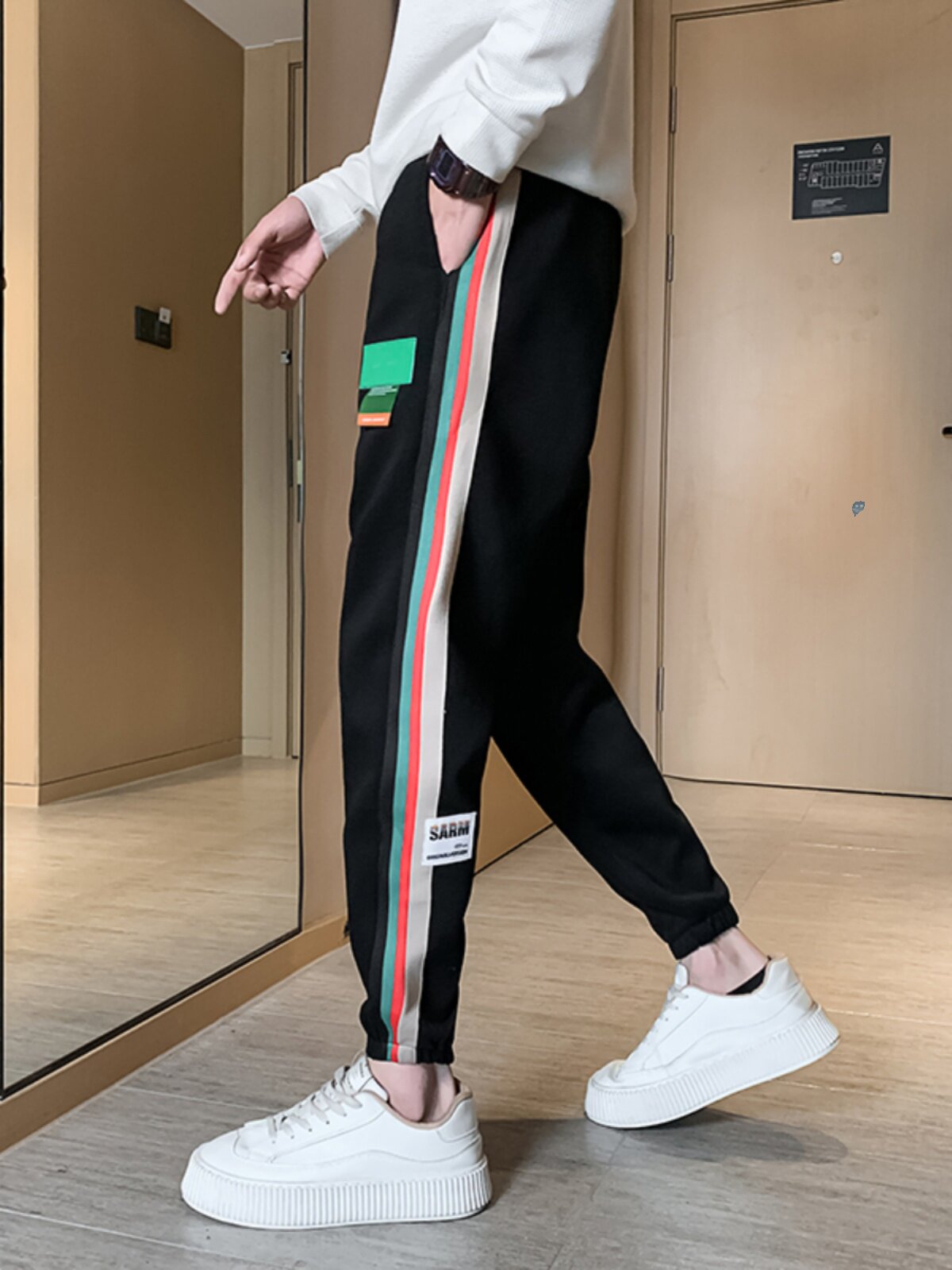 오보이 봄 가을 남성 트렌디한 스트라이프 스웨트 팬츠 겨울 벨벳과 도톰한 레깅스 트렌디하고 멋스러운 캐주얼 팬츠