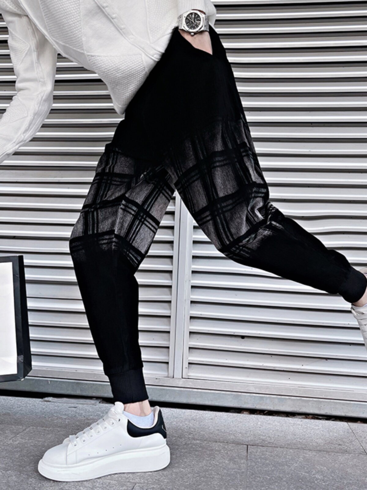 OBOY 봄 가을 디자인 셔닐 그라데이션 자카드 레깅스 남성 트렌디 브랜드 잘 생긴 슬림 스트레치 캐주얼 바지