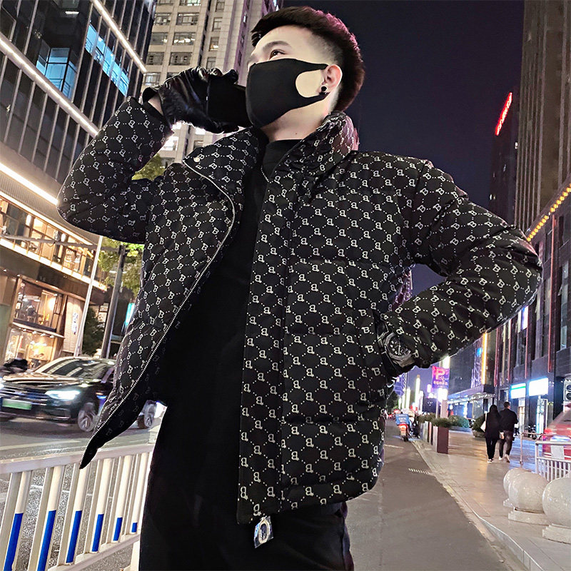 OBOY의 인기 겨울 스타일 남성용 풀 프린트 스탠드업 칼라 코튼 재킷 2024 트렌디 브랜드 슬림핏 코튼 재킷 트렌디하고 잘생긴 따뜻한 코튼 재킷