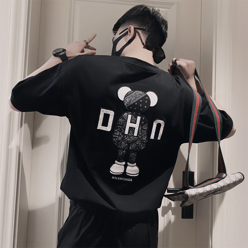 OBOY 여름 트렌드 인 인기 베어 반팔 티셔츠 남성 트렌디 브랜드 잘 생긴 느슨한 반팔 다용도 캐주얼 탑