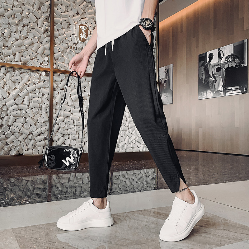 OBOY 봄 여름 얇은 작은 직선 다리 스트라이프 바지 남성 유행 브랜드 다용도 작은 발 캐주얼 KU 잘 생긴 슬림 하렘 바지