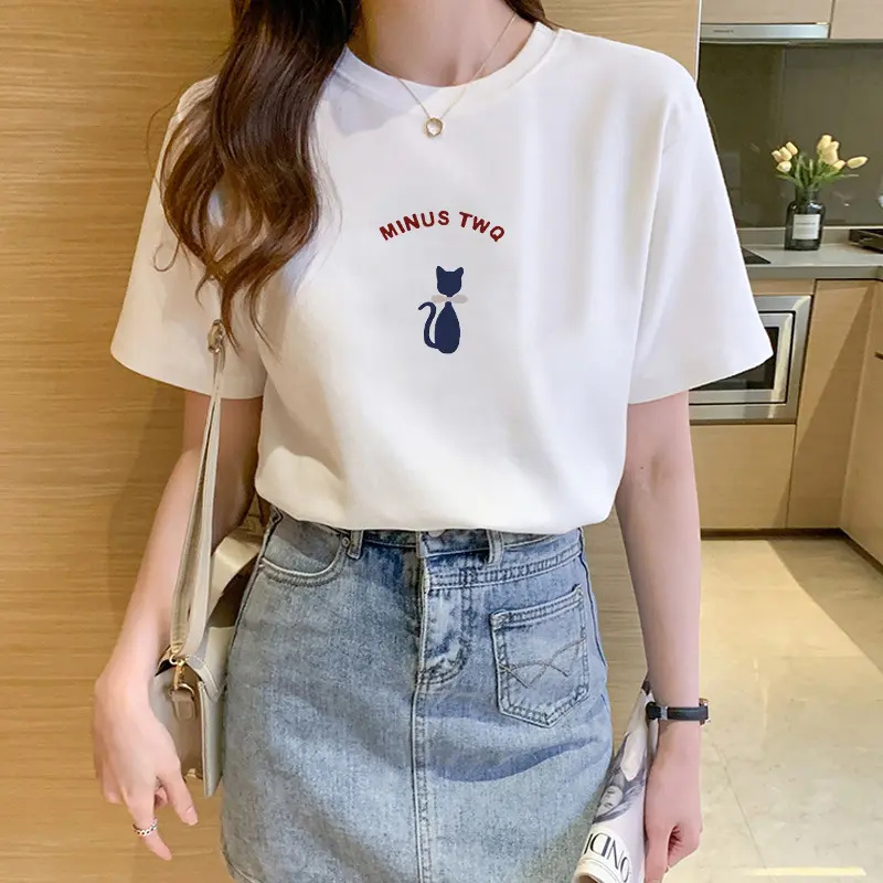 纯棉白色小猫印花t恤女短袖韩版2025年夏季新款简约宽松上衣ins潮