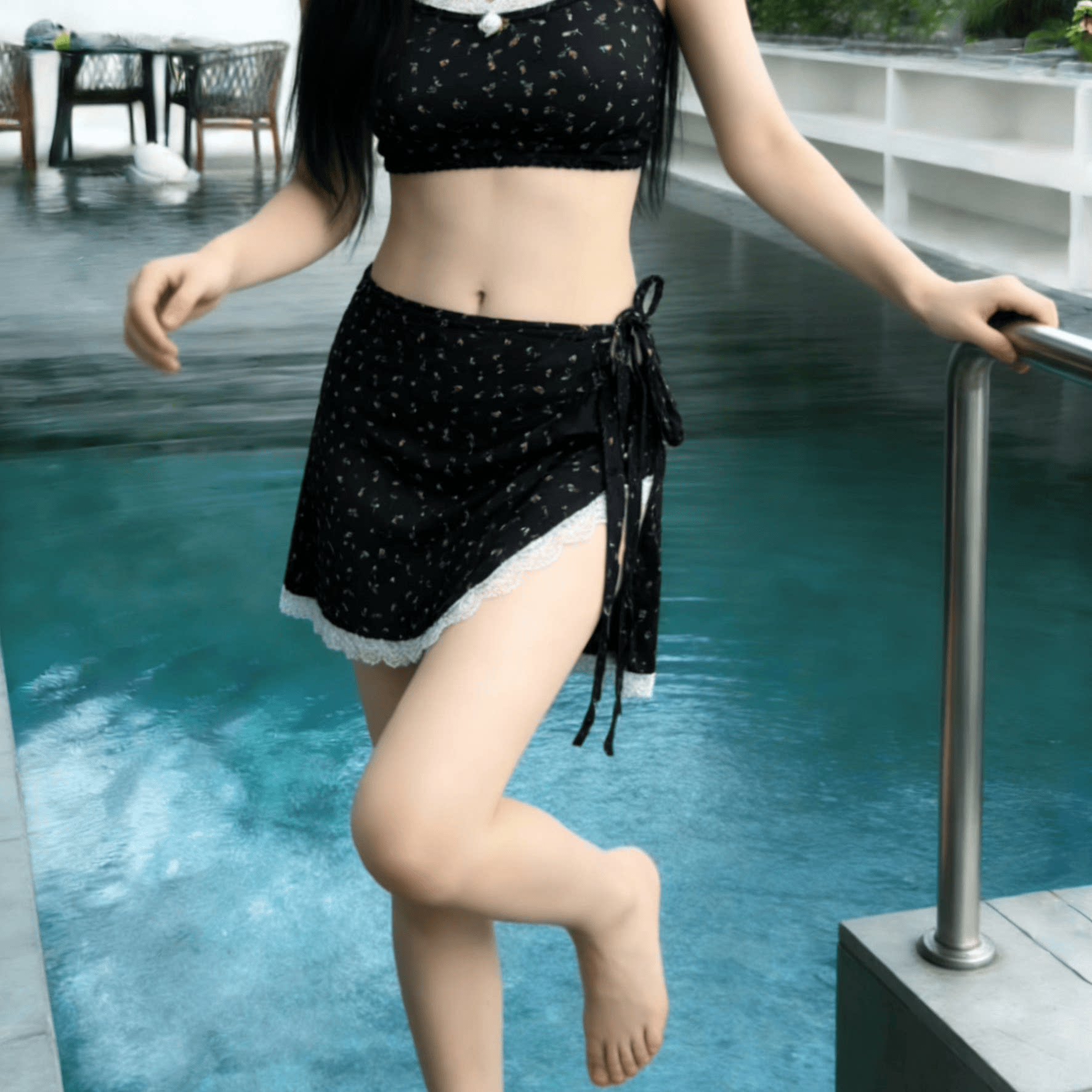 黑色碎花小胸显瘦比基尼套装