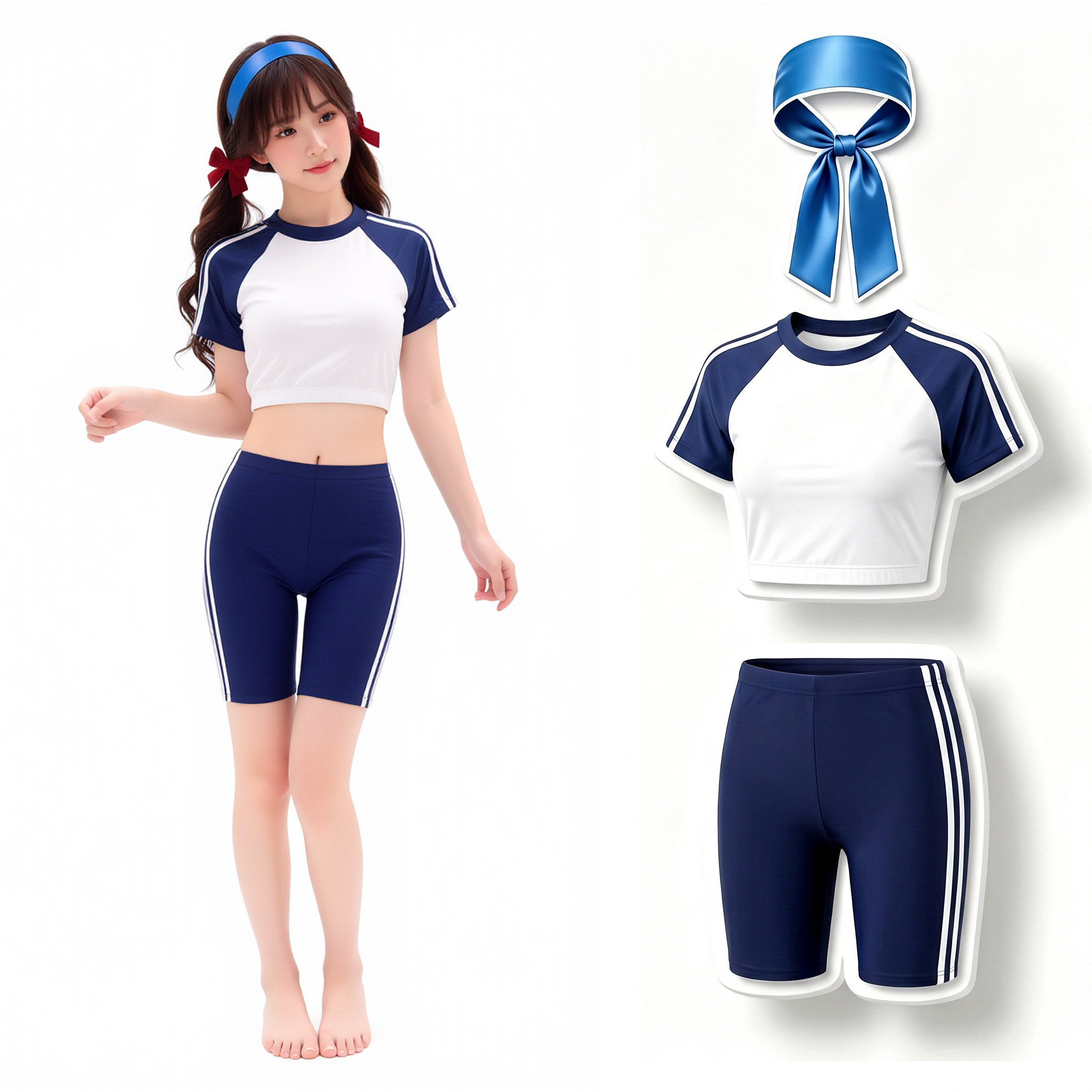 日系可爱少女甜美藏蓝色体操服运动风格五分裤学生保守分体泳衣女