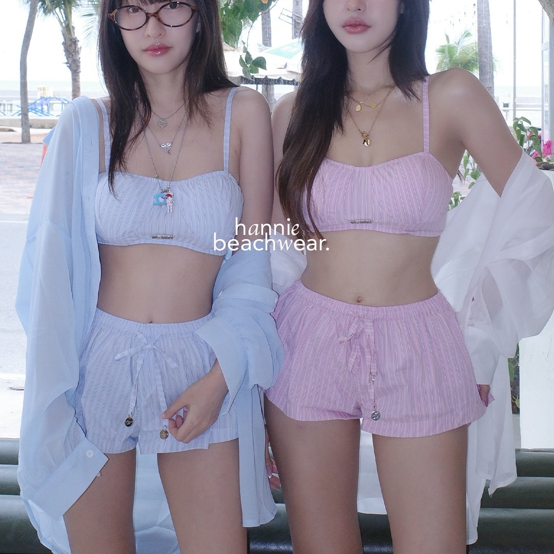 【保守平角裤】粉白蓝白条纹吊带比基尼可爱少女度假风学生甜妹