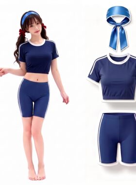 学院风体操服套装女日系学生运动服藏蓝五分裤COS分体泳衣保守