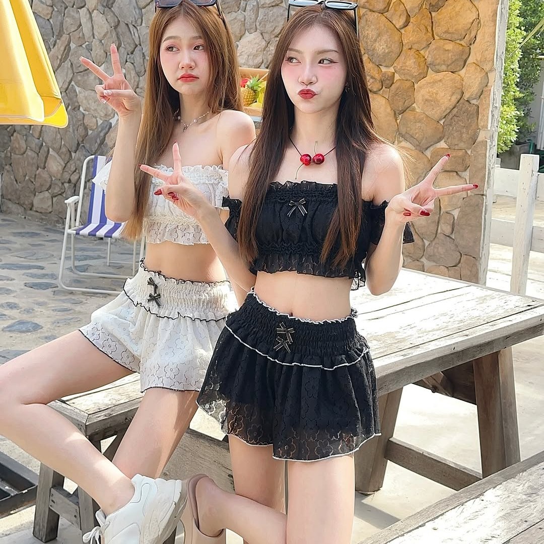 【闺蜜】可爱少女甜妹性感辣妹纯欲蝴蝶结蕾丝抹胸裙式分体泳衣