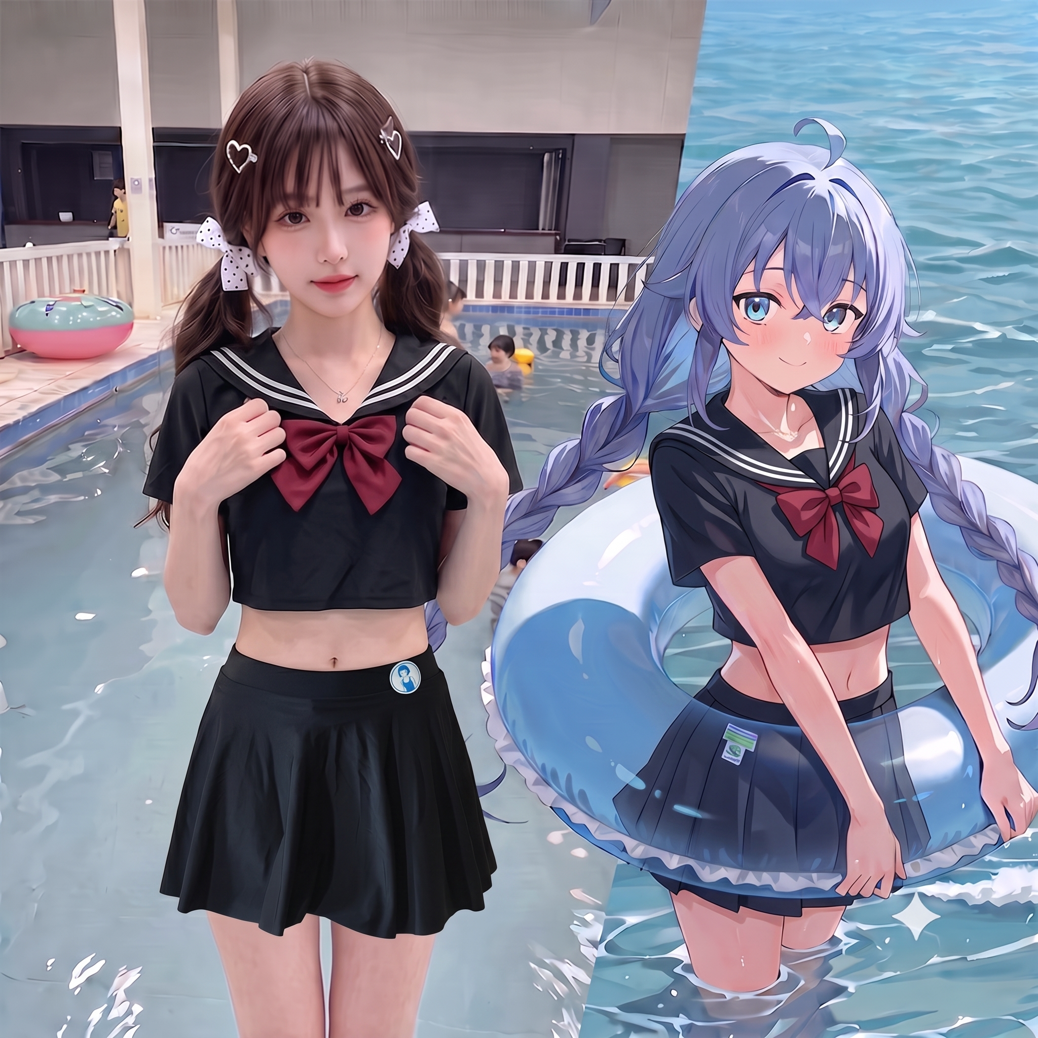 【暴走族】日系可爱少女性感水手服海军风分体保守平角裤裙式泳衣