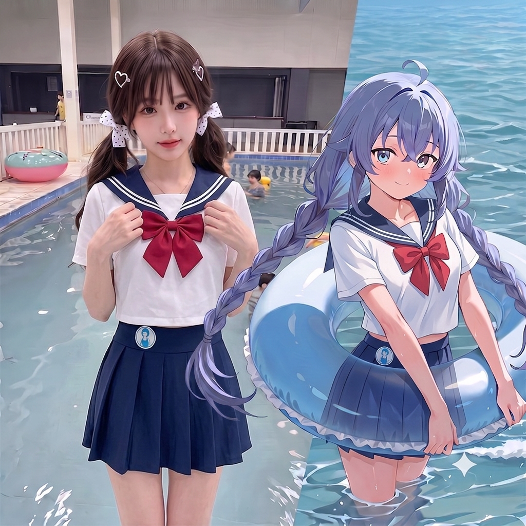 【水手服】日系可爱少女海军风保守平角裤裙分体泳衣遮肉温泉度假