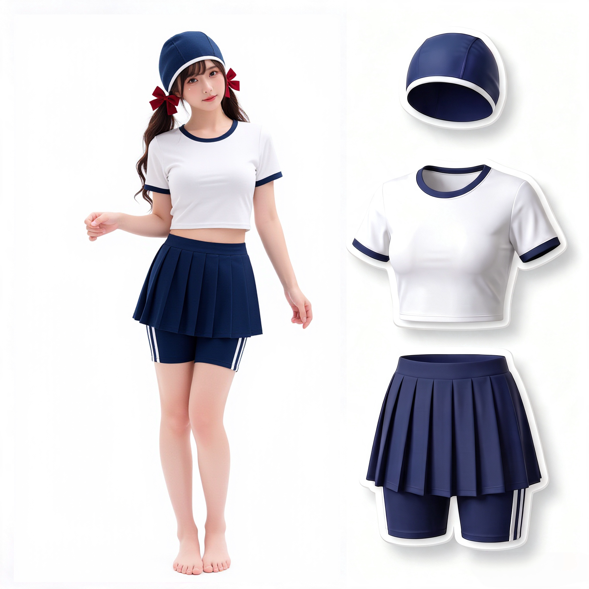 日系校供感五分裤藏蓝体操服白色短上衣三件套褶少女运动分体泳衣