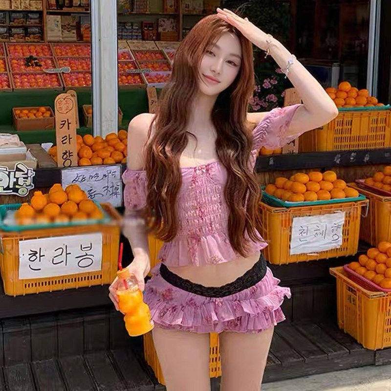 粉色甜辣蕾丝蛋糕裙比基尼