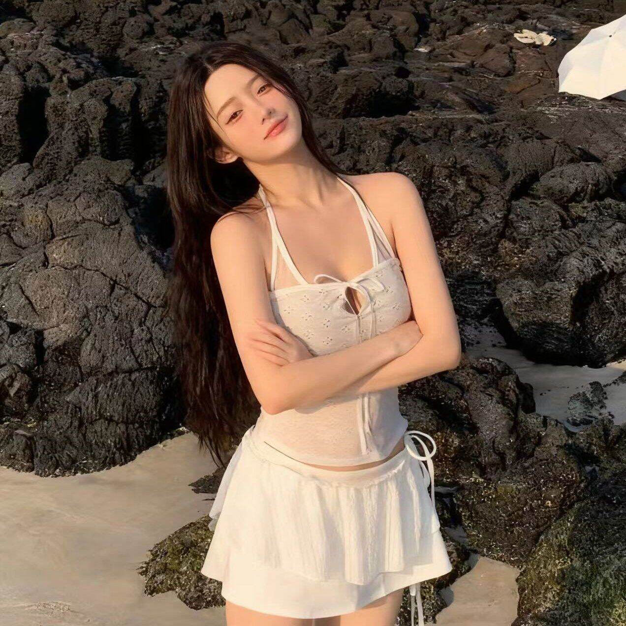 纯欲风性感镂空白色蕾丝分体裙式泳衣女遮肉显瘦温泉度假三件套