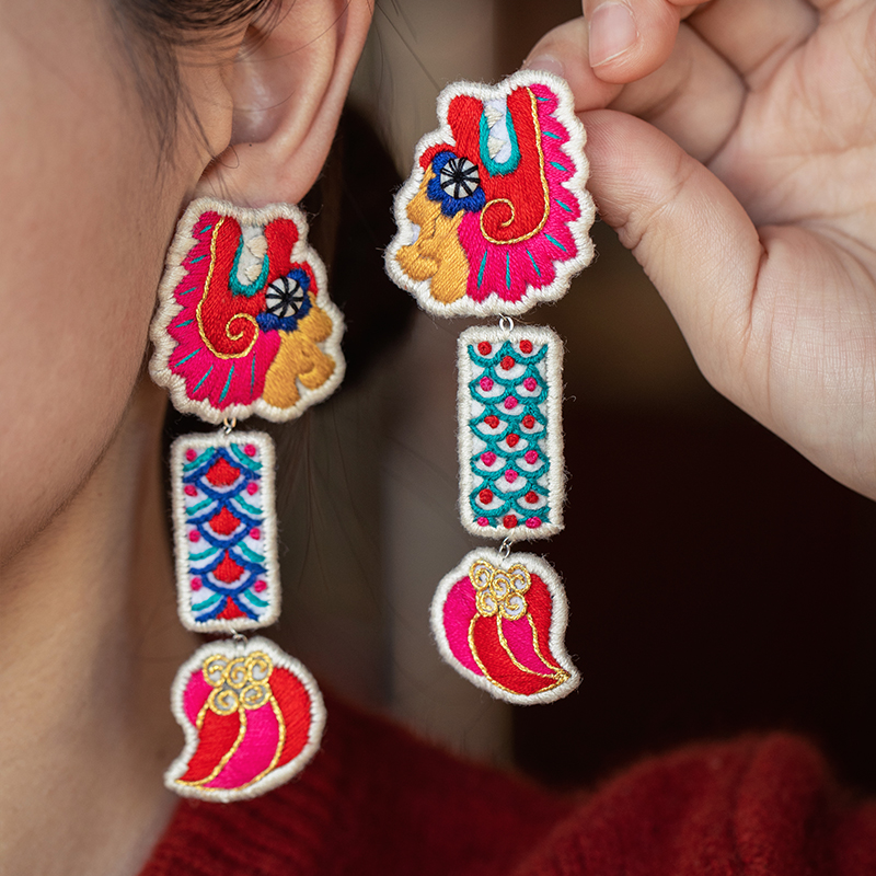 双面手绣纯银耳钉小众