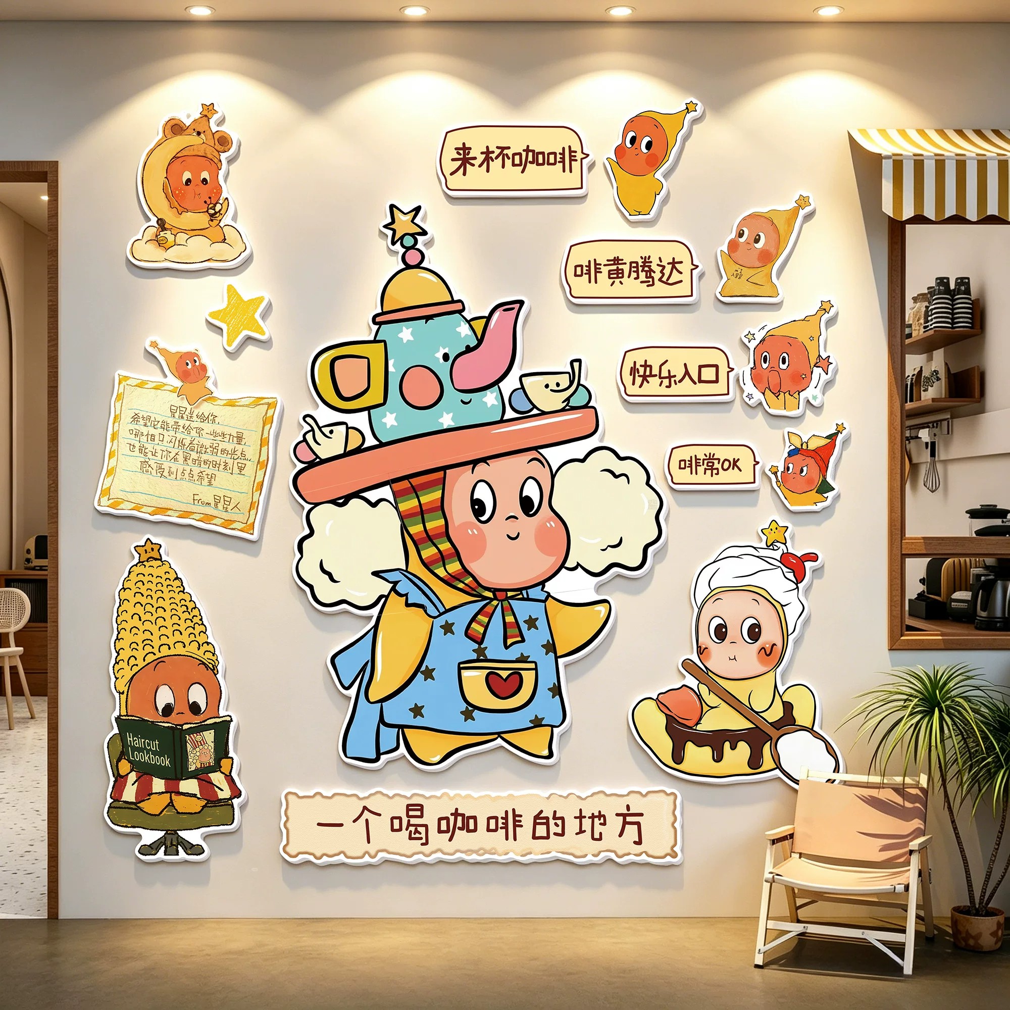咖啡店馆墙面装饰画网红打卡背景墙贴星星人拍照区奶茶店氛围布置