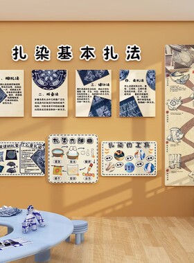 幼儿园环创传统文化扎染流程步骤主题墙面装饰材料中国非遗技法图