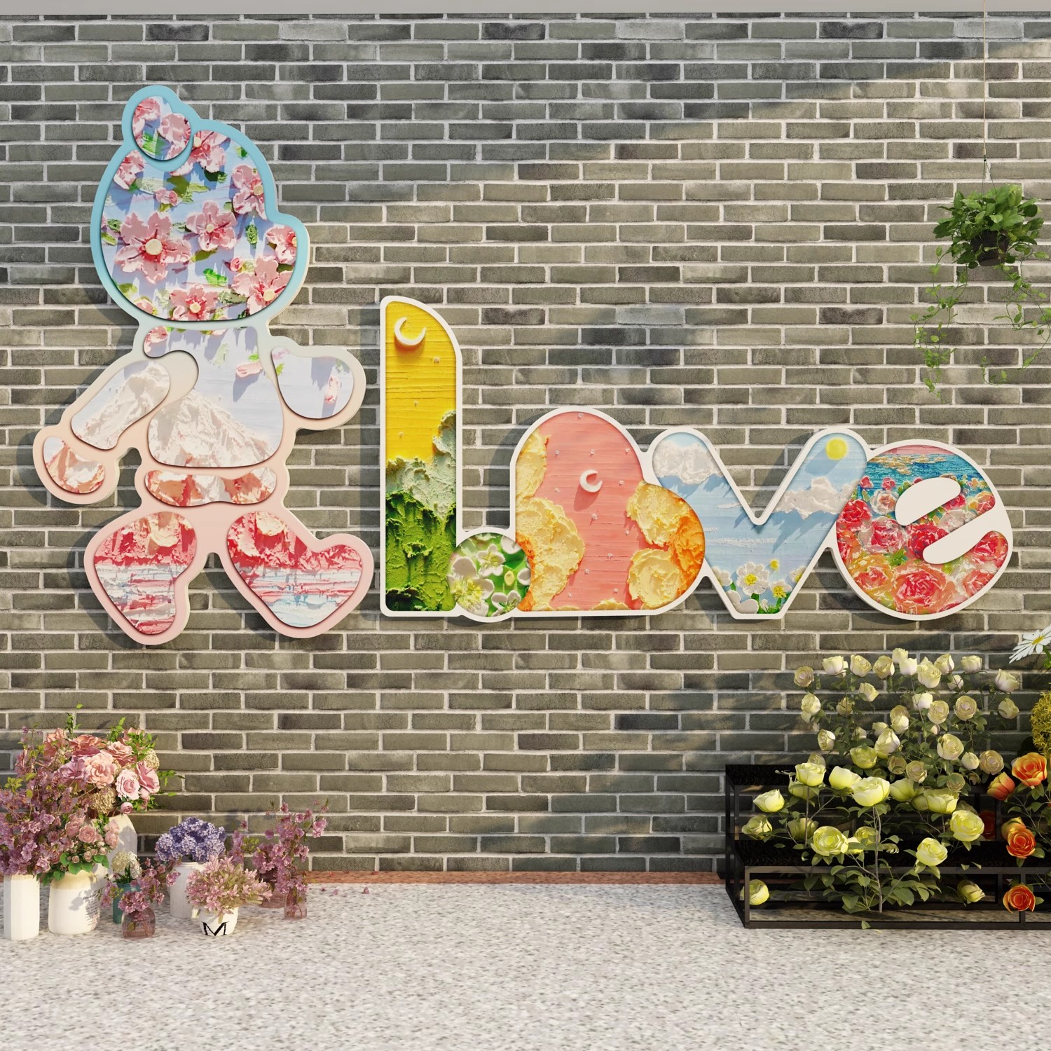 网红拍照区布置互动打卡咖啡馆鲜花店背景墙面装饰修公仔贴纸场景