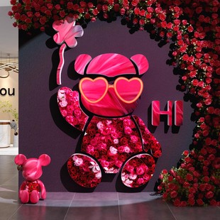 网红打卡公仔拍照区美容院店花墙面装饰造背景布置氛围形象高级感