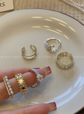 韩版复古水钻仿珍珠开口戒指 甜酷百搭活口戒圈时尚通勤指环手饰