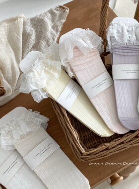 韩版少女风红色蕾丝花边百搭袜蝴蝶结堆堆袜子中筒袜甜美无骨可爱