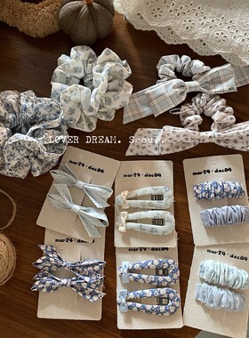 蓝色马尾女扎丸子头马尾碎花高弹力皮筋大肠发圈头绳小清新发绳高