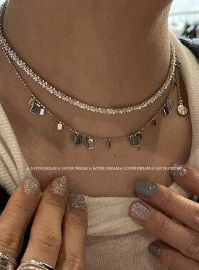 韩国新款ins银色矩形流苏金属项链 时尚高级感锁骨链chocker项饰