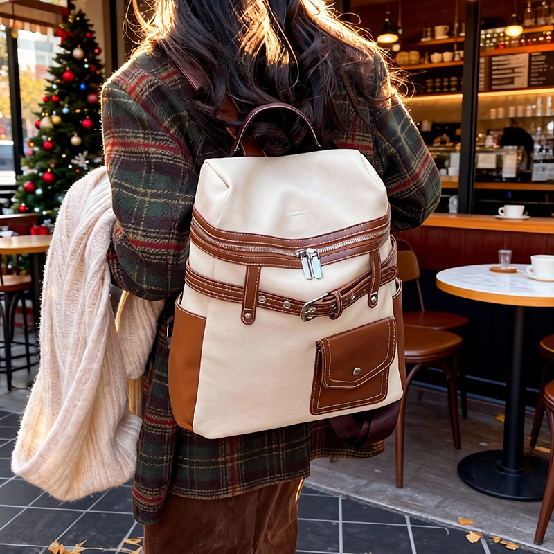 2025新款小众撞色拼接双肩包女大容量通勤书包百搭复古防盗小背包