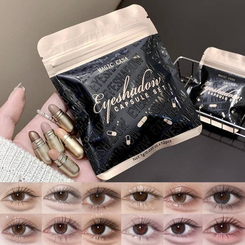 跨境MAGIC CASA12色胶囊眼影套装金属高光卧蚕小金豆眼影不易晕染