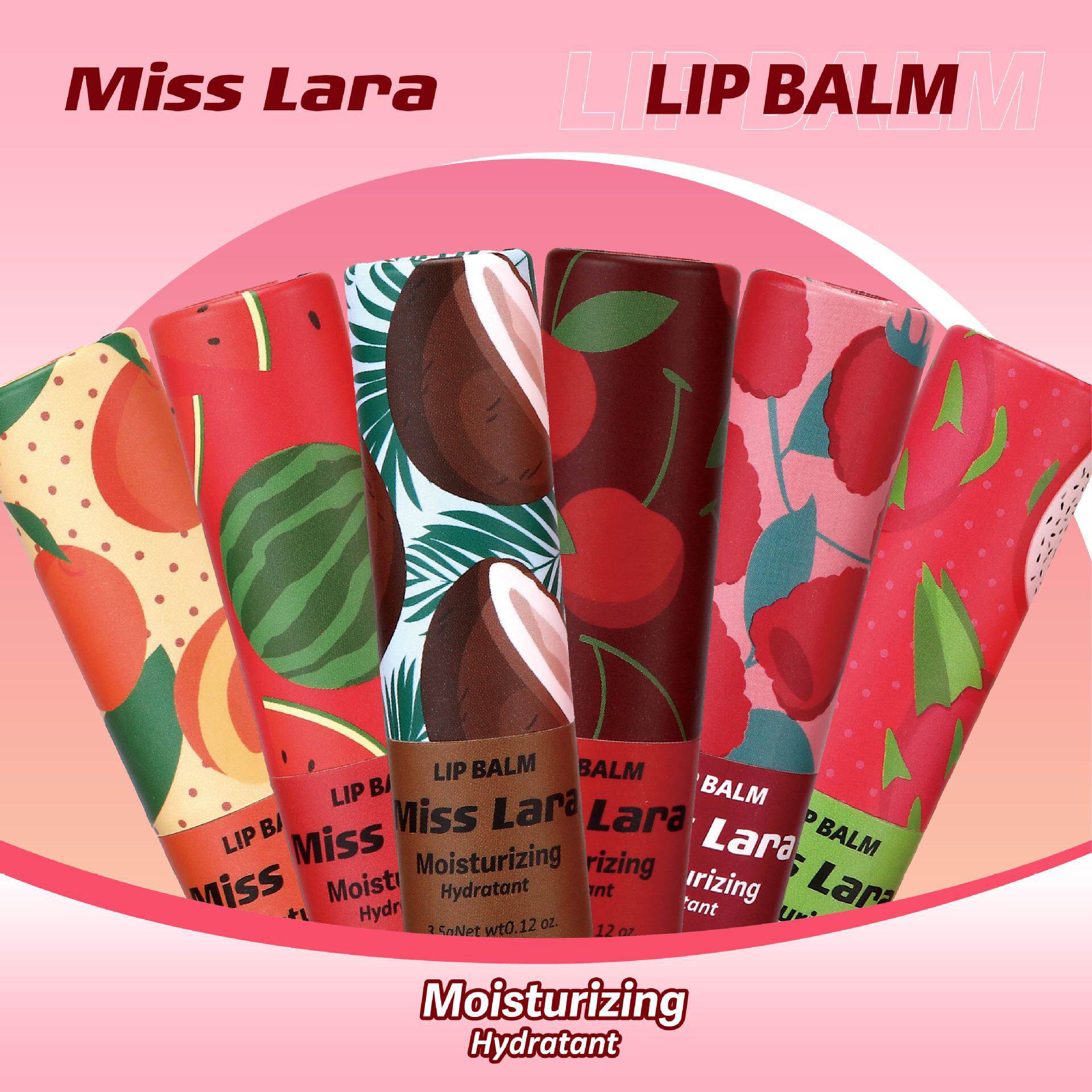 MISS LARA有色润唇膏口红粉圆纸筒水果香6色滋润补水保湿唇膏跨境