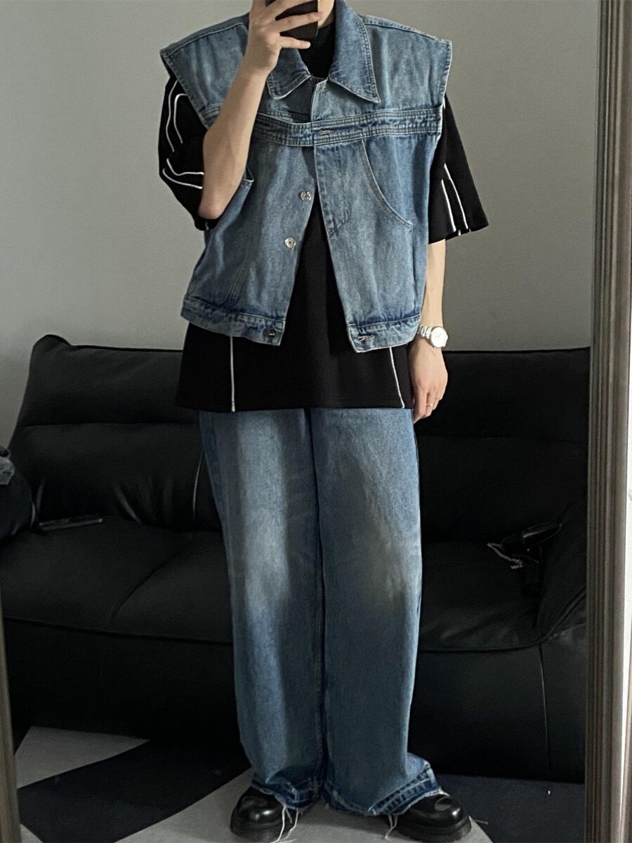 KOREAN VERSION NICHE DECONSTRUCTED DESIGN SENSE OF SHOULDER PADS WASHED DENIM VEST JACKET MENS LOOSE AND DISTRESSED SLEEVELESS SHOULDER VEST