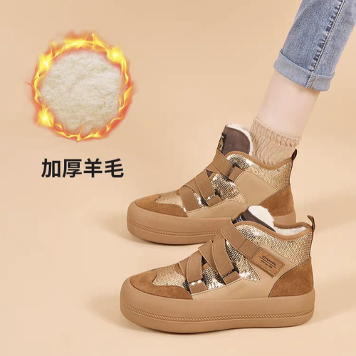 jm快乐玛丽雪地棉女鞋厚底百搭加绒加厚真皮鞋秋冬软底时尚65709W