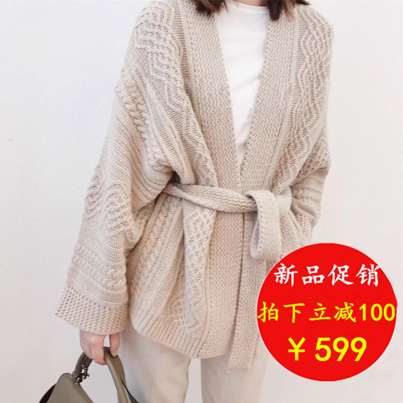 高端進口100%純羊絨開衫腰帶毛衣加厚2018春新款女裝寬松針織外套