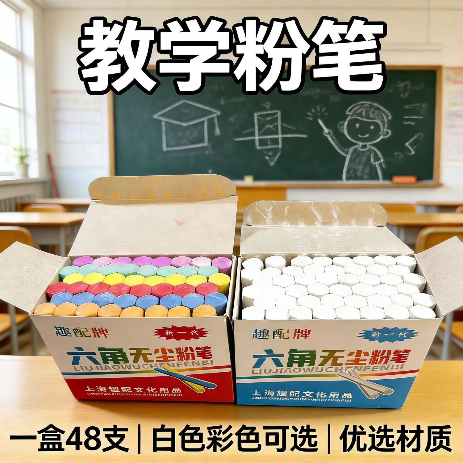 六角白色粉笔套教无尘粉笔粉笔收纳盒无尘儿童彩色粉笔黑板报专用