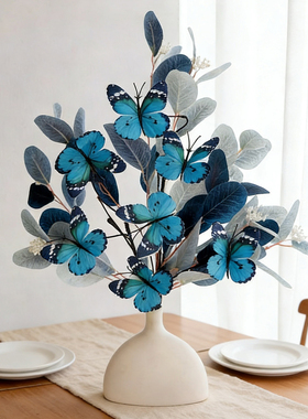 ins蝴蝶蓝色尤加利仿真花假花绢花家居装饰客厅餐桌茶几花艺摆件