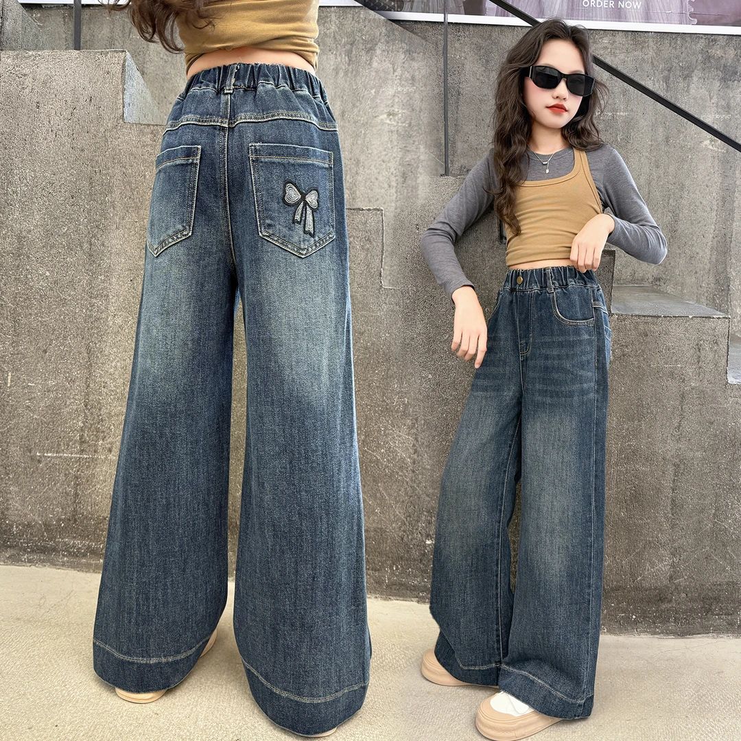 XF秋季新款女童牛仔裤2025上新百搭简约休闲显瘦遮肉阔腿裤中大童