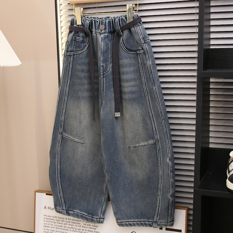 MX 童装弯刀裤男童加绒牛仔裤新款儿童秋冬装加厚长裤宽松保暖