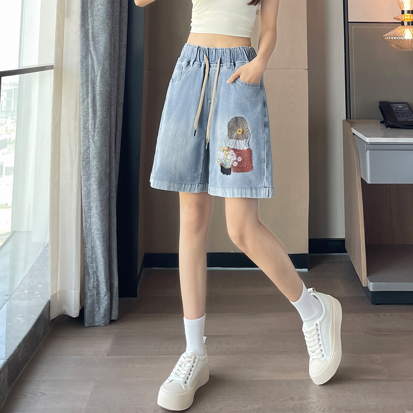 11岁大童牛仔裤夏季薄款外穿短裤阔腿五分裤12岁女生夏装少女裤子