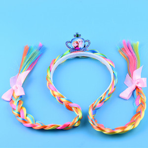 女孩彩色双辫子发箍冰雪奇缘爱纱安娜公主皇冠长假发蝴蝶结头饰品