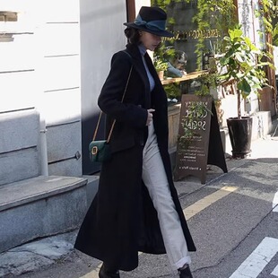 秋冬黑色毛呢大衣外套女长款过膝通勤高个子呢子风衣冬季加厚