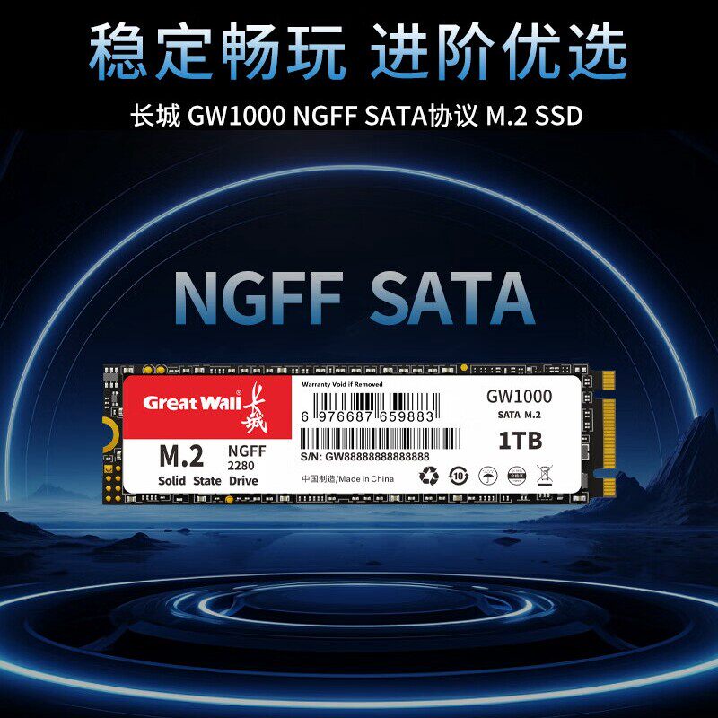长城GW1000固态硬盘M.2接口SATA协议1TbSSD台式机笔记本电脑硬盘
