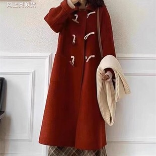 红色牛角扣毛呢羊毛大衣女秋冬复古学院风长款显瘦百搭呢子外套