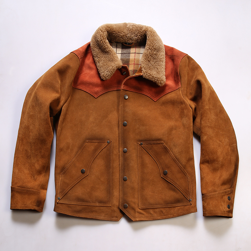 反绒牛皮皮衣男翻领真皮夹克