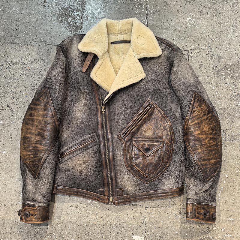 斜拉链做旧皮衣男绵羊皮皮毛一体