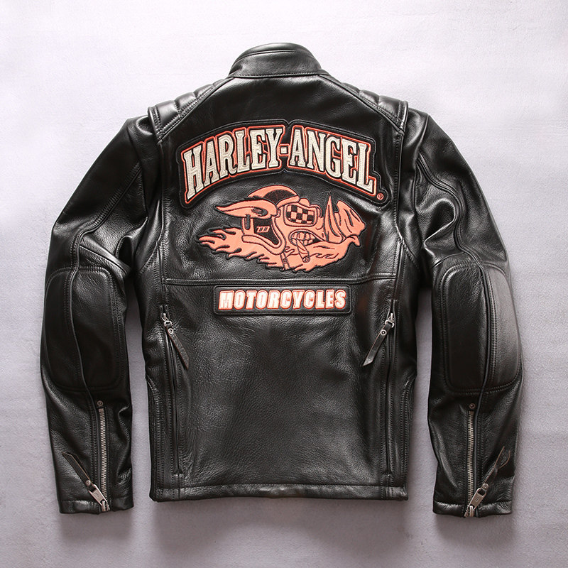 harleyangel男士真皮皮衣 哈雷机车服夹克立领牛皮幸运猪刺绣外套