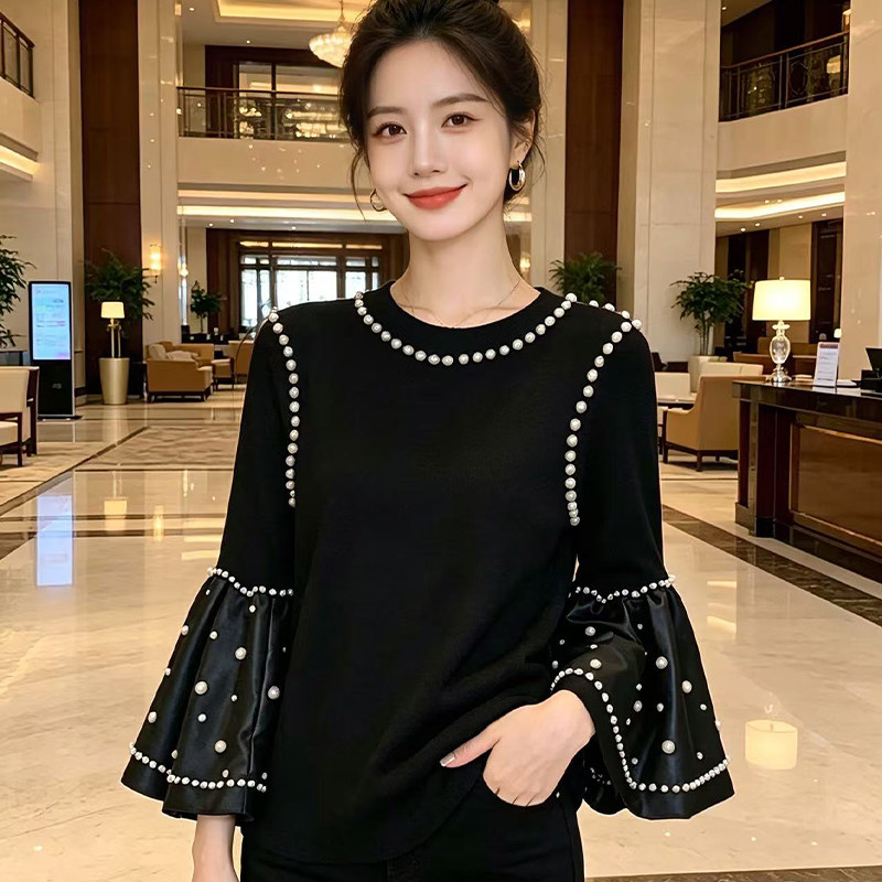原创设计师款 日系轻奢高级感钉珠喇叭袖圆领针织衫上衣宽松T恤女