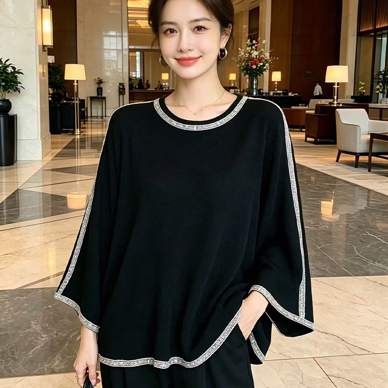 独特设计感 蝙蝠袖T恤冰丝针织衫女新款宽松大码洋气重工镶边上衣