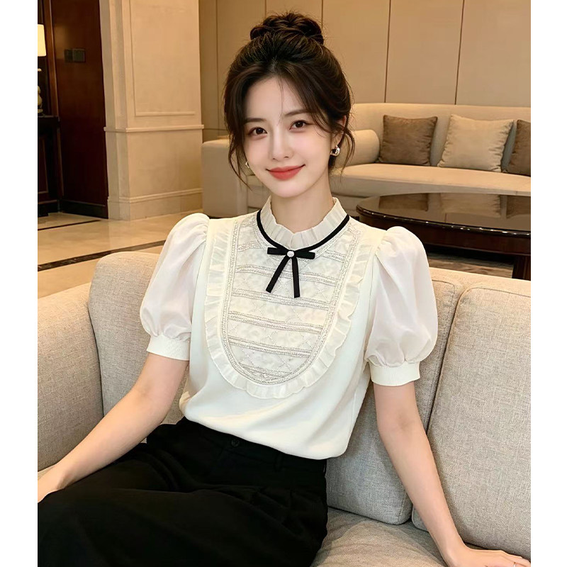 原创设计重工钉珠假两件气质短袖T恤女夏季新款蝴蝶结泡泡袖上衣