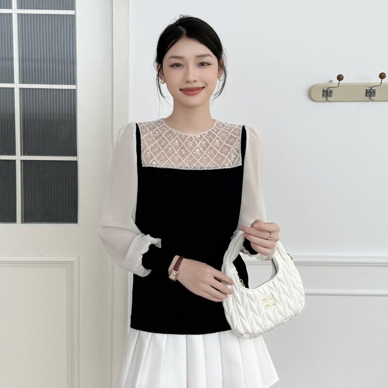 设计感针织拼接长袖雪纺衫女秋装2025年春夏新款小众女士上衣小衫